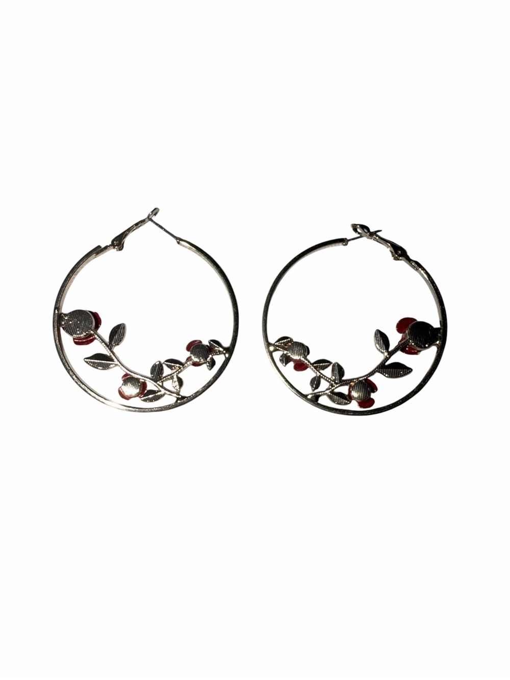 Gold Hoop Statement Earrings Red Rose Floral Boho Bold Romantic Jewelry - Picture 6 of 6